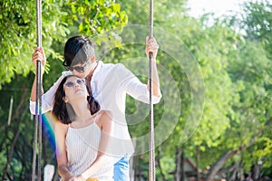 Couple happy vacations and romantic Valentine on sea beach.Â 